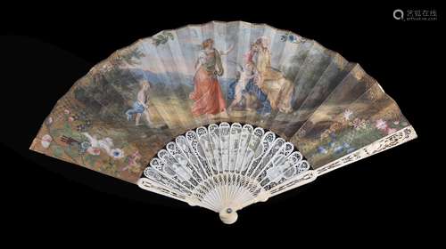 ϒ An ivory fan, late 18th century, the guards pierced and carved with single figures, the guards