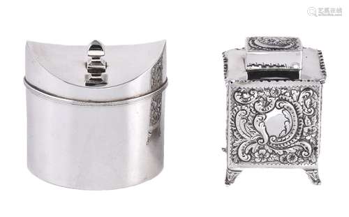 Two silver tea caddies, the first Edwardian straight sided navette shape by Stokes & Ireland Ltd,