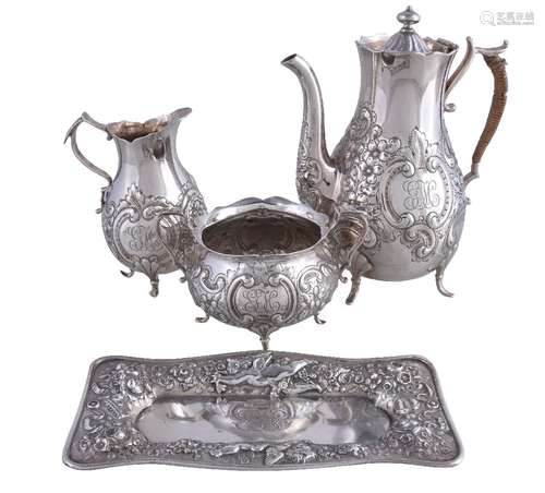 An American silver small three piece coffee service by Gorham, date codes for 1893 and 1895, the