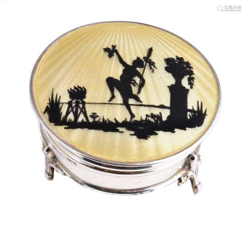 An Art Deco silver and yellow guilloche enamel circular dressing table trinket box by Adie Bros,