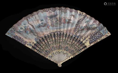 ϒ An ivory fan, 18th century, the guards and sticks pierced and painted, the paper leaf painted with