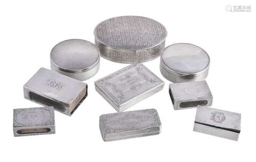 Nine assorted silver and silver coloured boxes, the largest Iranian oval, stamped mark in script and