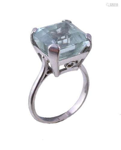 A 1960s aquamarine dress ring, the square cut aquamarine in a four claw setting, finger size N, 6.