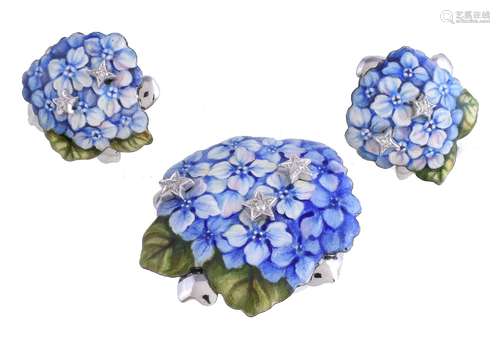 An enamel and diamond hydrangea brooch/pendant, designed as a hydrangea, with brilliant cut diamonds