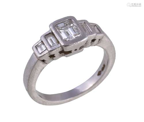 A diamond ring, set with graduating baguette cut diamonds, approximately 0.80 carats total, in