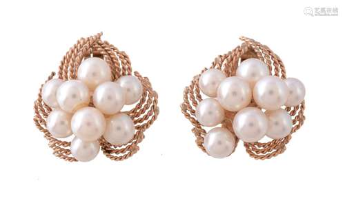 A pair of 1970s cultured pearl ear clips, the cluster of cultured pearls within a ropetwist