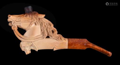 A meerschaum cheroot pipe, late 19th century, carved as a horse's head, a dog's head beneath, with