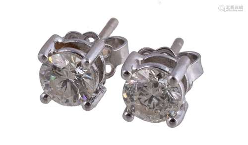 A pair of diamond ear studs, the brilliant cut diamonds, approximately 1.20 carats total, with