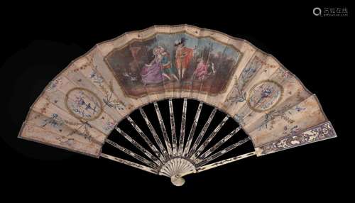 A bone fan, late 18th century, the bone and sticks pierced and painted, the gauze leaf painted