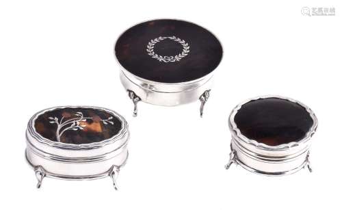 ϒ Three silver and tortoiseshell dressing table trinket boxes, two with piqué decoration to the