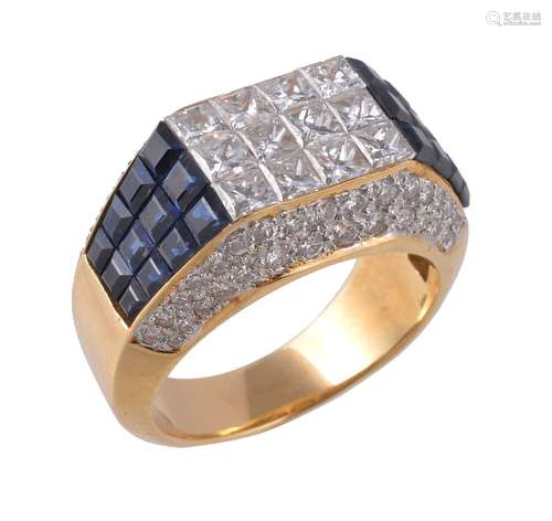 A sapphire and diamond ring, the rectangular panel set with princess cut diamonds, between square