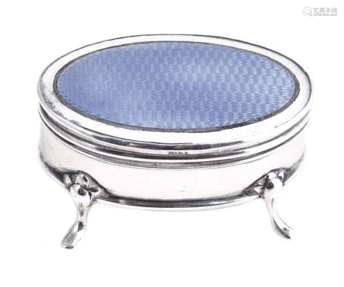 A silver and guilloche enamel oval dressing table trinket box, Birmingham 1912, the cover with