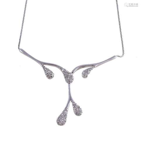 A white stone necklace, the drop panels set with round cut white stones, the panel stamped 585, to a