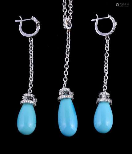 A reconstituted turquoise and diamond pendant by Damiani, the polished reconstituted turquoise