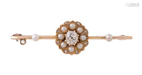 A late Victorian diamond and half pearl cluster bar brooch, circa 1890, the flower head cluster with