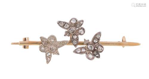 An early 20th century diamond butterfly brooch, the three butterflies set with rose cut diamonds, on