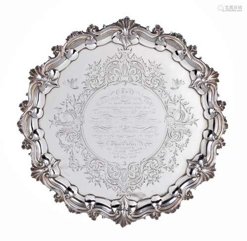 A Victorian silver shaped circular salver by the Barnard Brothers, London 1852, with shell and