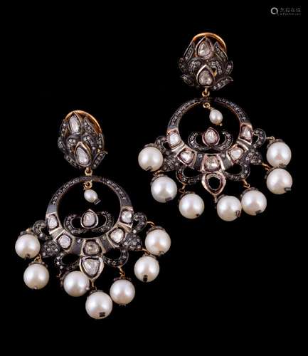 A pair of cultured pearl and diamond ear pendants, the circular panels set with polki diamonds,