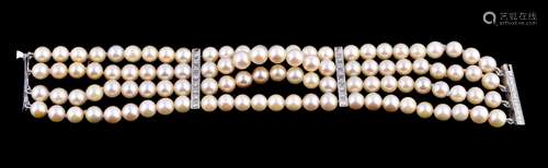 A cultured pearl and diamond bracelet, the four rows of uniform cultured pearls, measuring