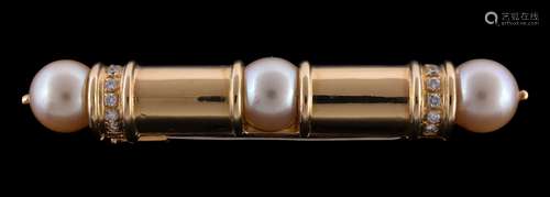 A cultured pearl and diamond brooch by Ansuini, the baton shaped brooch centrally set with a