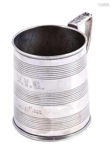 A late George III silver barrel type christening mug by Emes & Barnard, London 1814, with a leaf-