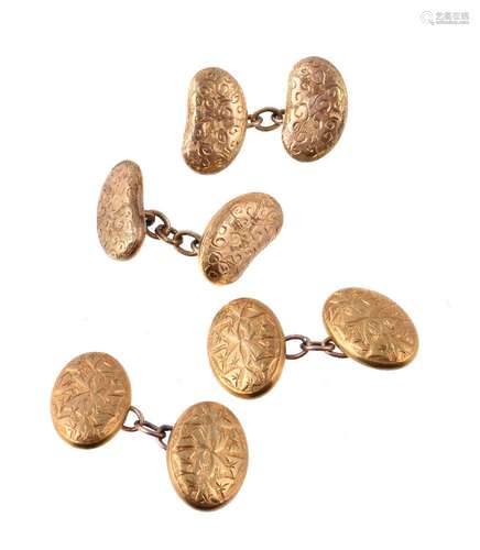 A pair of Victorian gold double sided cufflinks, the engraved kidney shaped panels with belcher link