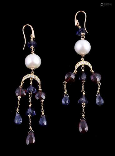 A pair of cultured pearl and gem set earrings, the 10mm cultured pearl suspending a crescent set