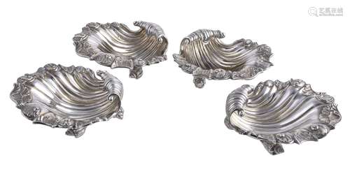 A set of four early Victorian shell shape butter dishes by Edward I, Edward II, James and William