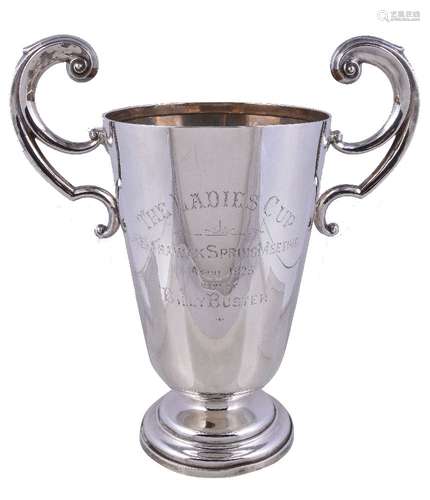 A silver two handled trophy cup by Alexander Clark & Co. Ltd, Birmingham 1922, with bifurcated