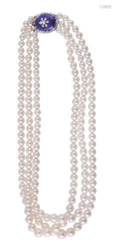 A three strand graduated cultured pearl necklace, composed of 5.8mm to 9.3mm cultured pearls, to a