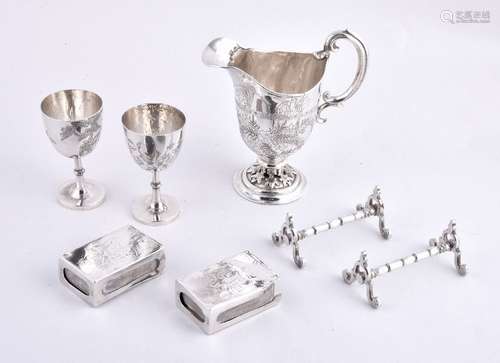 Five items of Chinese export silver, comprising: a helmet shaped cream jug, three chop marks,