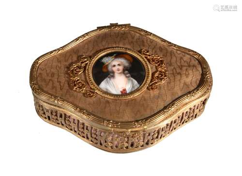 A French Palais Royale gilt metal box, circa 1900, quatrefoil and the cover mounted with a