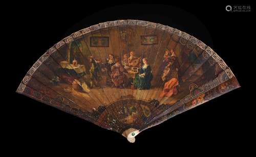 ϒ An ivory brisé fan, 19th century, painted with An Allegory of the Five Senses after David Teniers