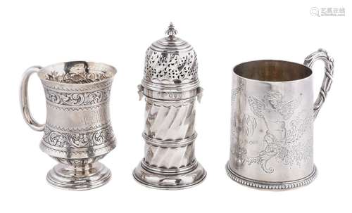 Two Victorian silver christening mugs and a sugar caster, the first mug tapered cylindrical by