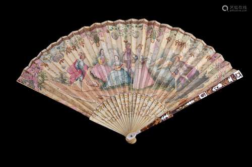 ϒ A bone fan, 19th century, the guards of tortoiseshell inlaid with mother of pearl and gilding, the