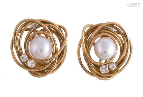 A pair of 18 carat gold cultured pearl and diamond earrings, of nest design, each centred with a