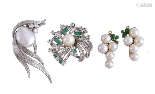 A pair of cultured pearl earrings, set with a cluster of cultured pearls, with green stone