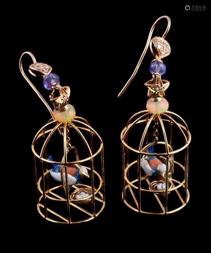 A pair of enamel and gem set birdcage earrings, the openwork birdcage enclosing an enamelled bird on