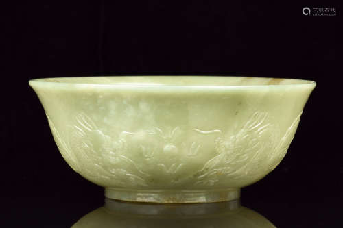 WHITE JADE CARVED 'DRAGONS' BOWL