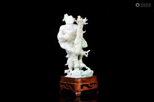 JADE CARVED 'SHOU LAO' FIGURE WITH WOODEN STAND
