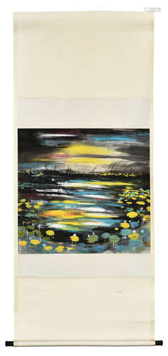 LIN FENGMIAN: INK AND COLOR ON PAPER PAINTING 'POND SCENERY'