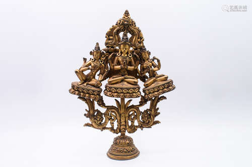 GILT BRONZE 'THREE BODHISATTVA' FIGURAL GROUP