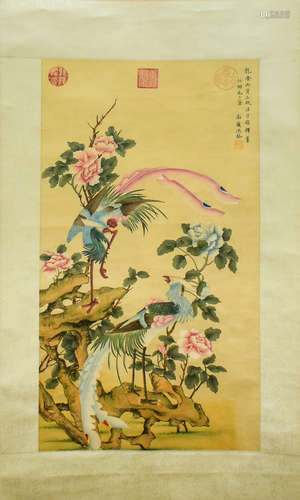 SHEN SHUAN: INK AND COLOR ON SILK PAINTING 'FLOWERS AND BIRDS'