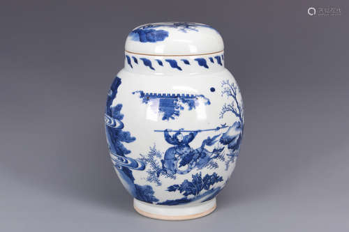 BLUE AND WHITE 'WARRIORS' JAR WITH COVER