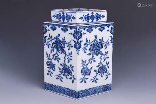 BLUE AND WHITE DIAMOND SHAPED 'FRUITS' TEA JAR WITH COVER