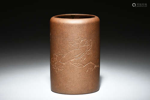 YIXING ZISHA 'FLOWERS AND CALLIGRAPHY' BRUSH POT