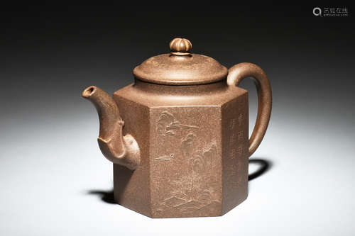 YIXING ZISHA TEAPOT 'LANDSCAPE AND CALLIGRAPHY'