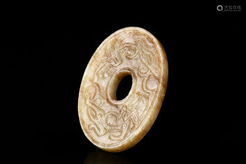 JADE CARVED 'MYTHICAL BEAST' DISC ORNAMENT, BI