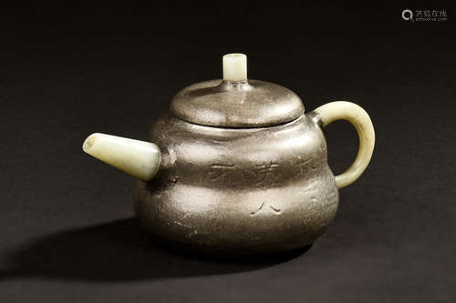 JADE AND PEWTER ZISHA TEAPOT