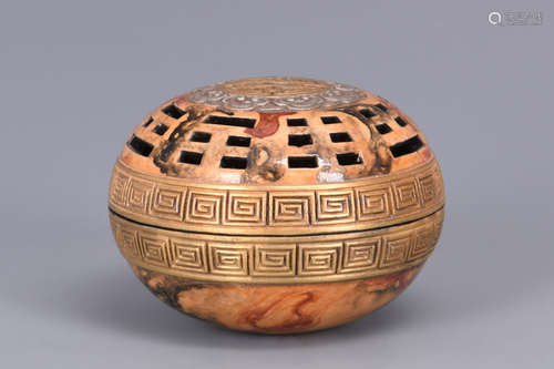 WOOD GRAIN GLAZED INCENSE CENSER WITH LID